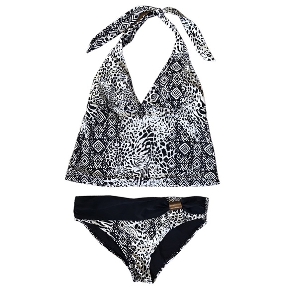 Attention Swimwear Tankini Medium Top Small Bottom Black And White Animal Print - Picture 4 of 12
